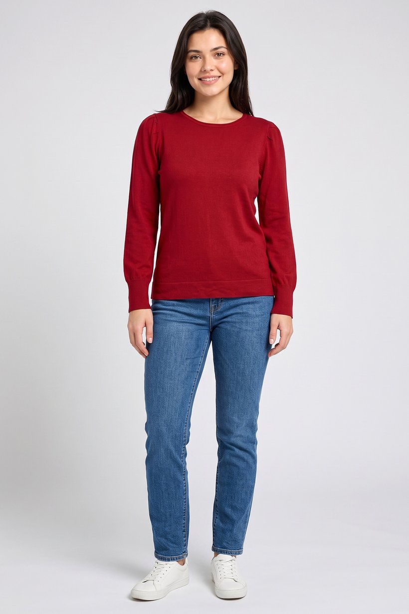 Women Plus Size Crew Neck Solid Sweater, Maroon