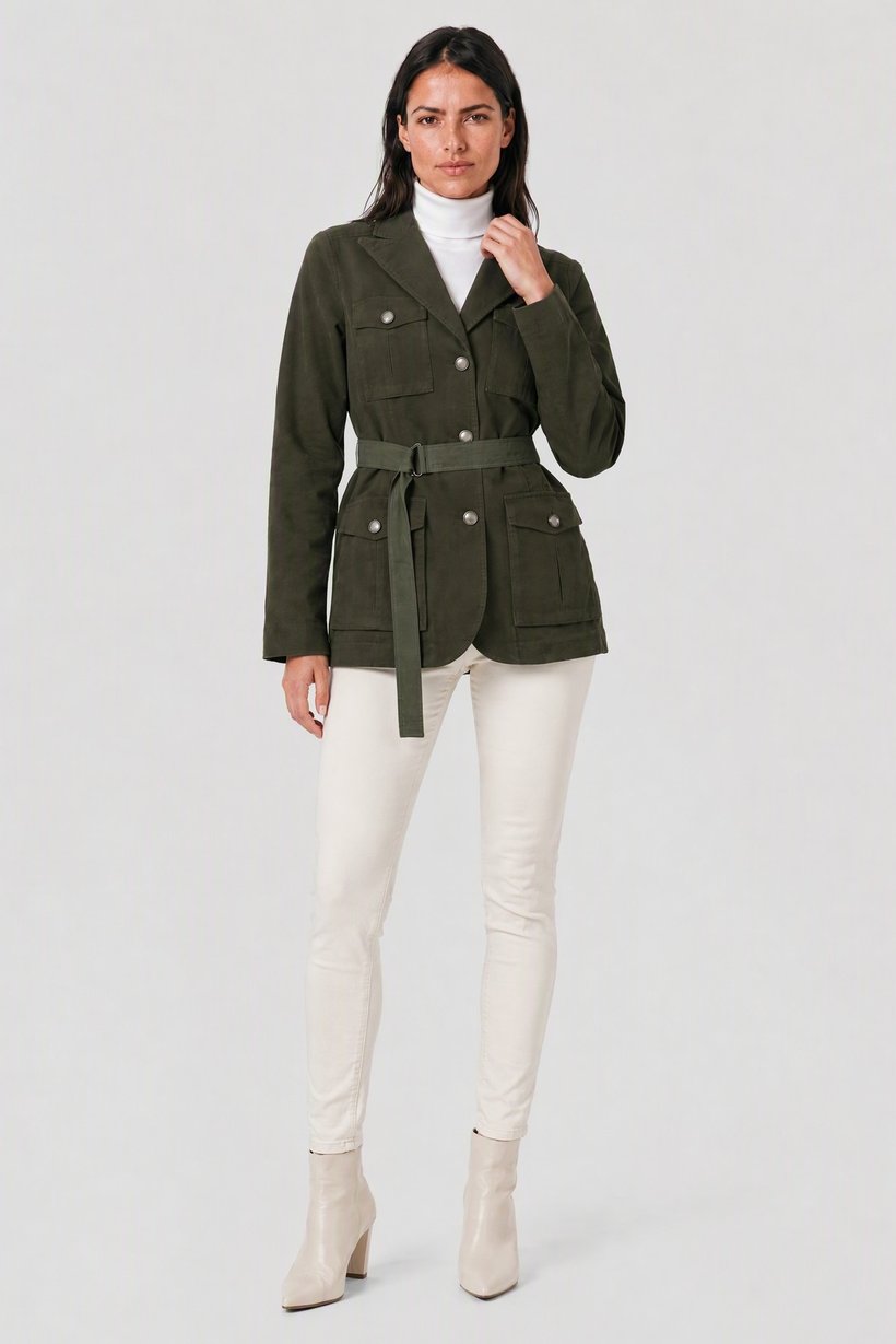 Women Textured Belted Jacket Shirt, Olive