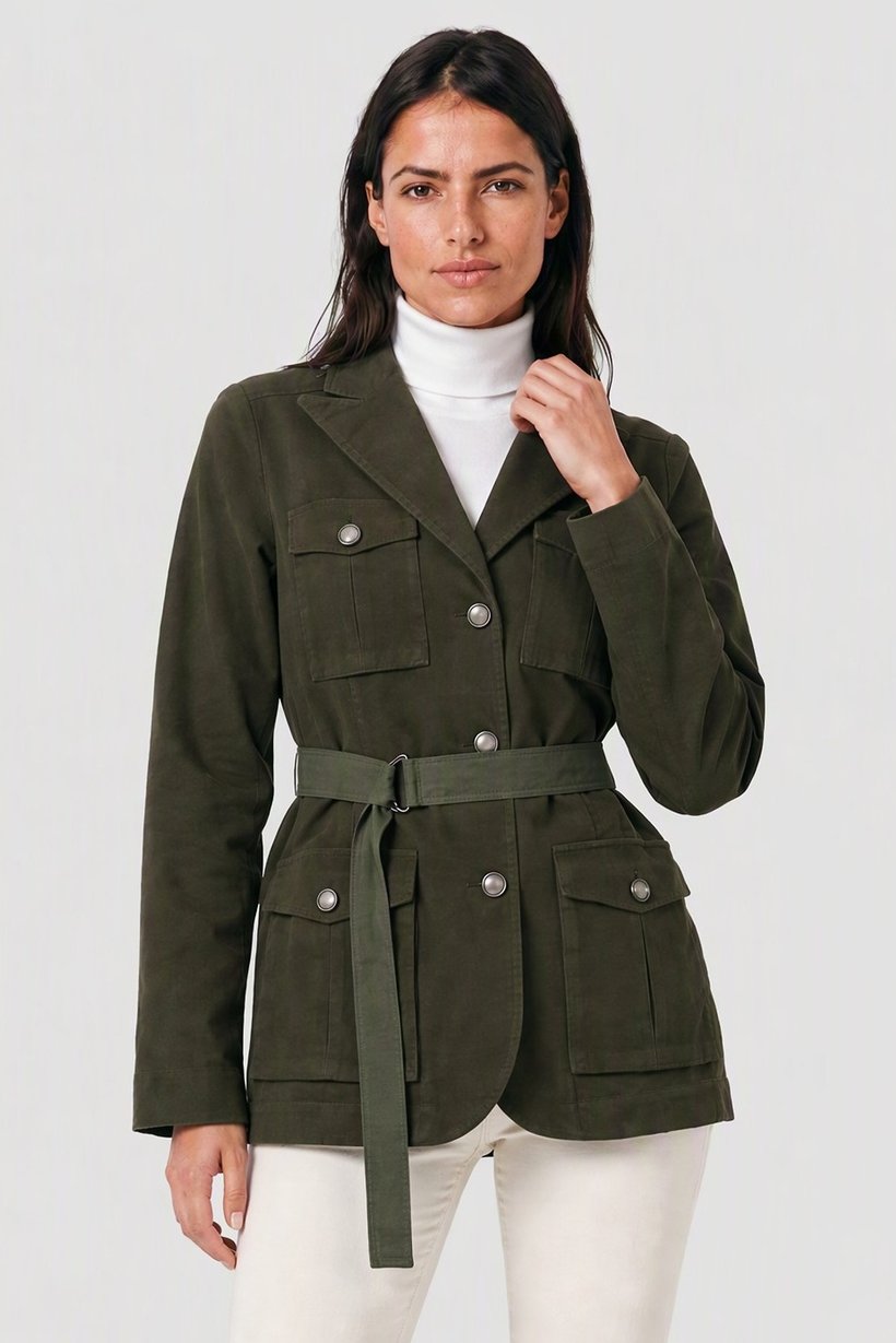 Women Textured Belted Jacket Shirt, Olive