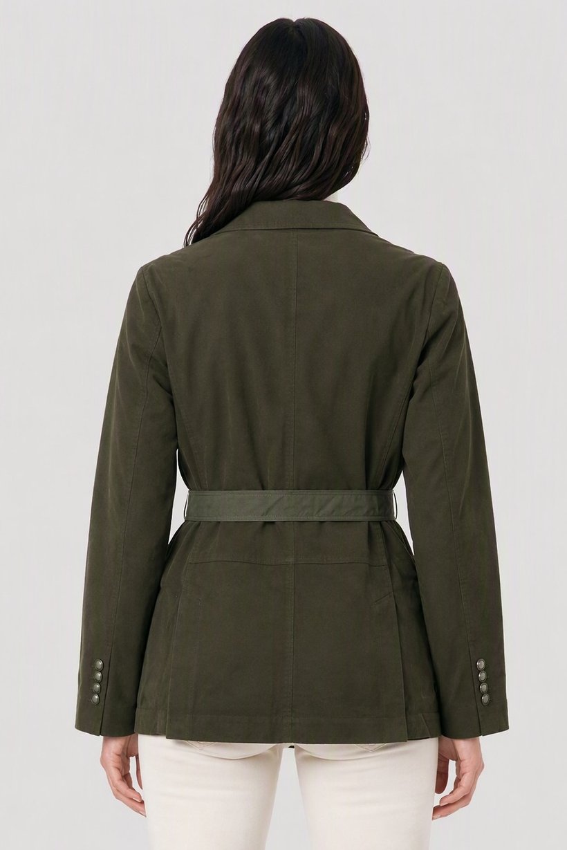 Women Textured Belted Jacket Shirt, Olive