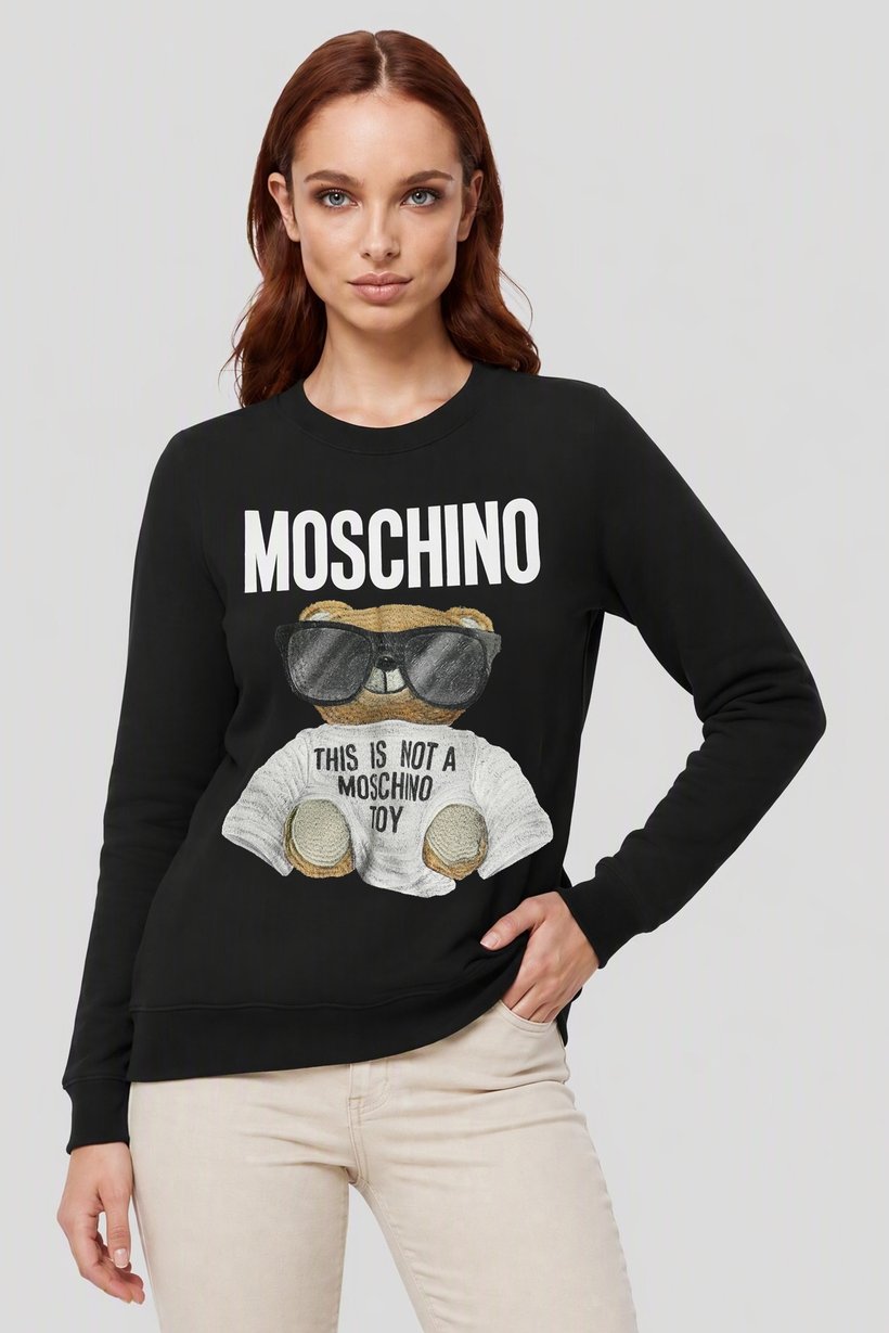 Women Ribbed Neck Long Sleeve Embroidered Sweatshirt, Black