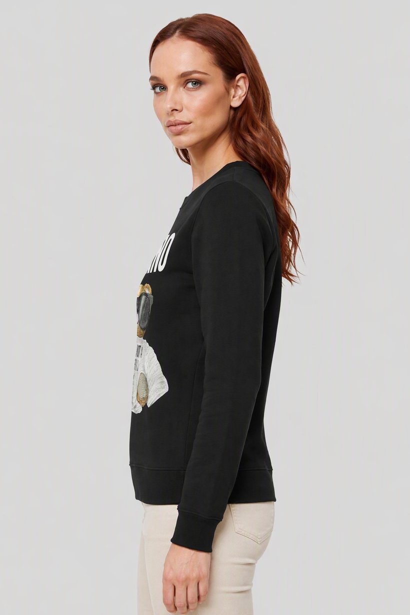 Women Ribbed Neck Long Sleeve Embroidered Sweatshirt, Black