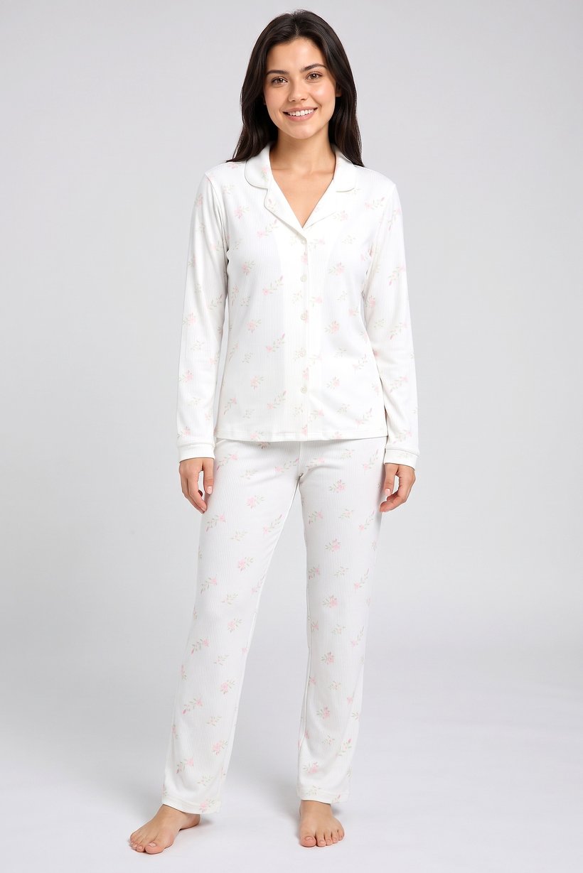 Women 2 Pieces Allover Print Long Sleeve Shirt With Pants Sleepwear Set, Multicolor