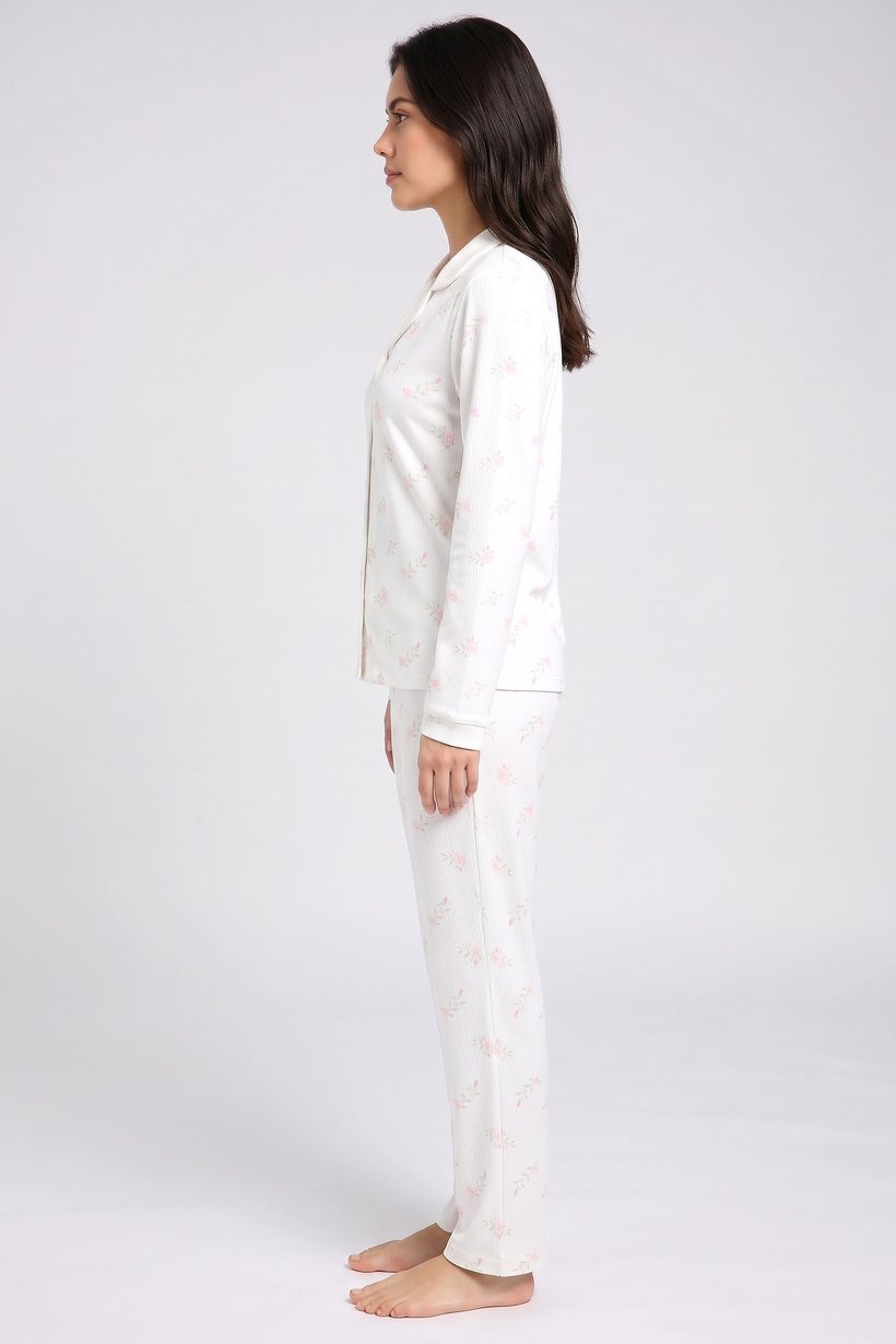 Women 2 Pieces Allover Print Long Sleeve Shirt With Pants Sleepwear Set, Multicolor