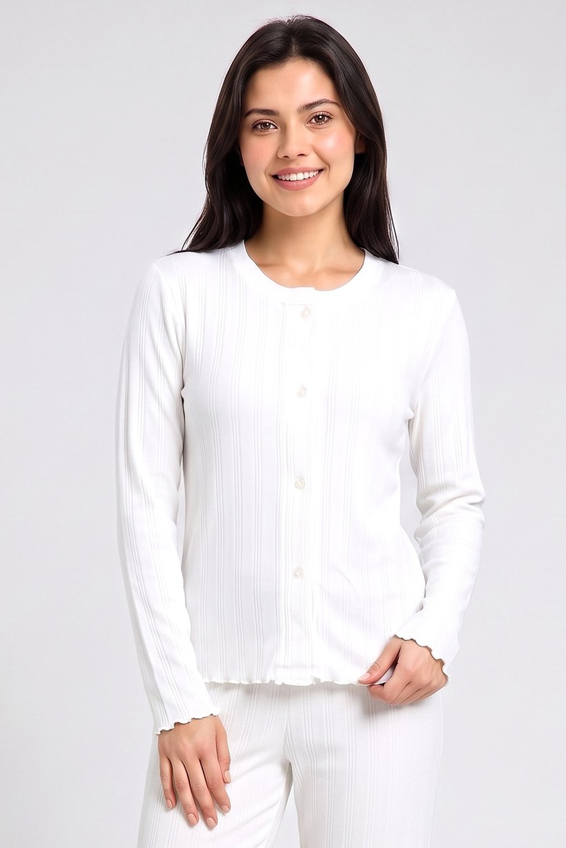 Women 2 Pieces Textured Long Sleeve Pyjama Top And Pants Set, White