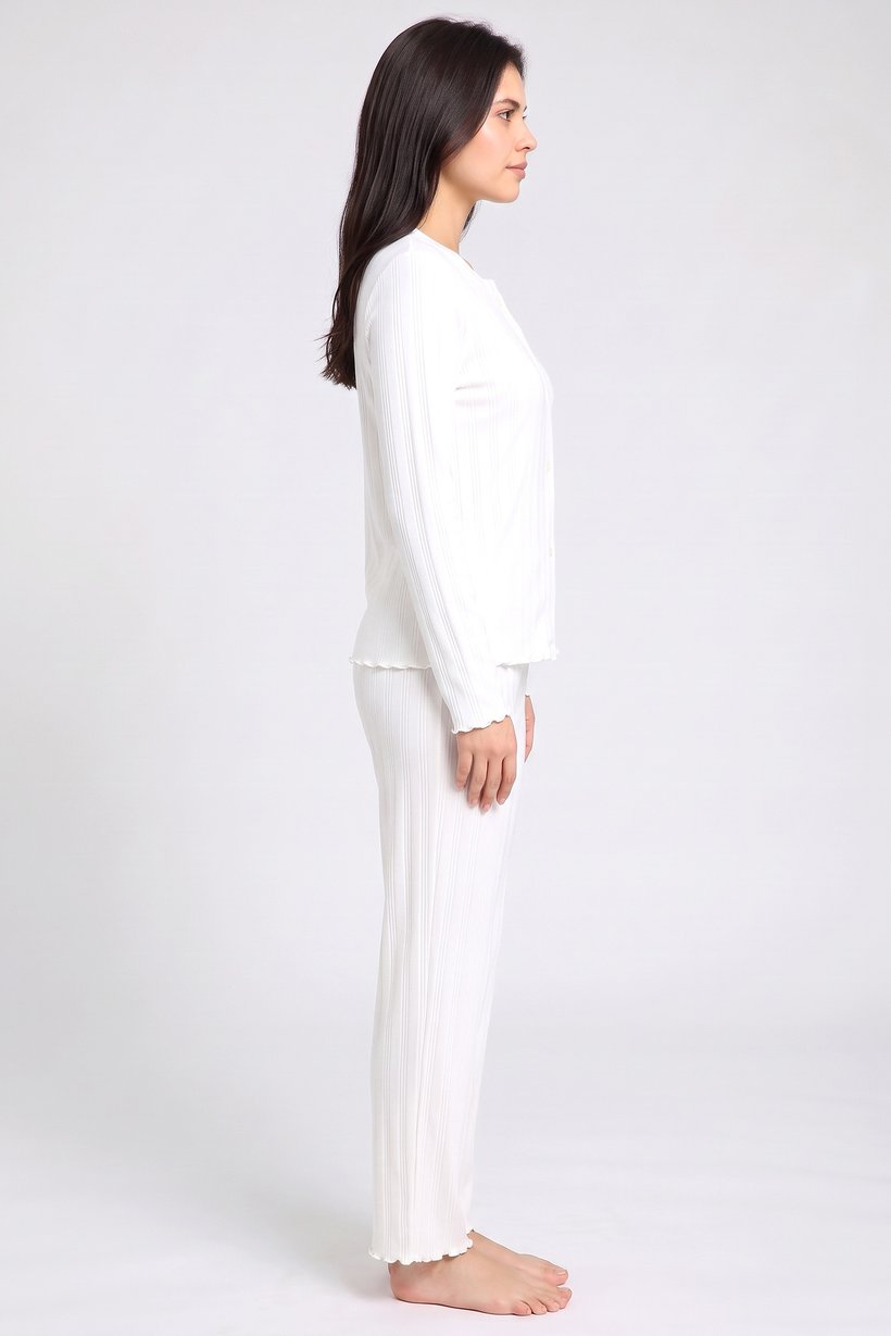 Women 2 Pieces Textured Long Sleeve Pyjama Top And Pants Set, White