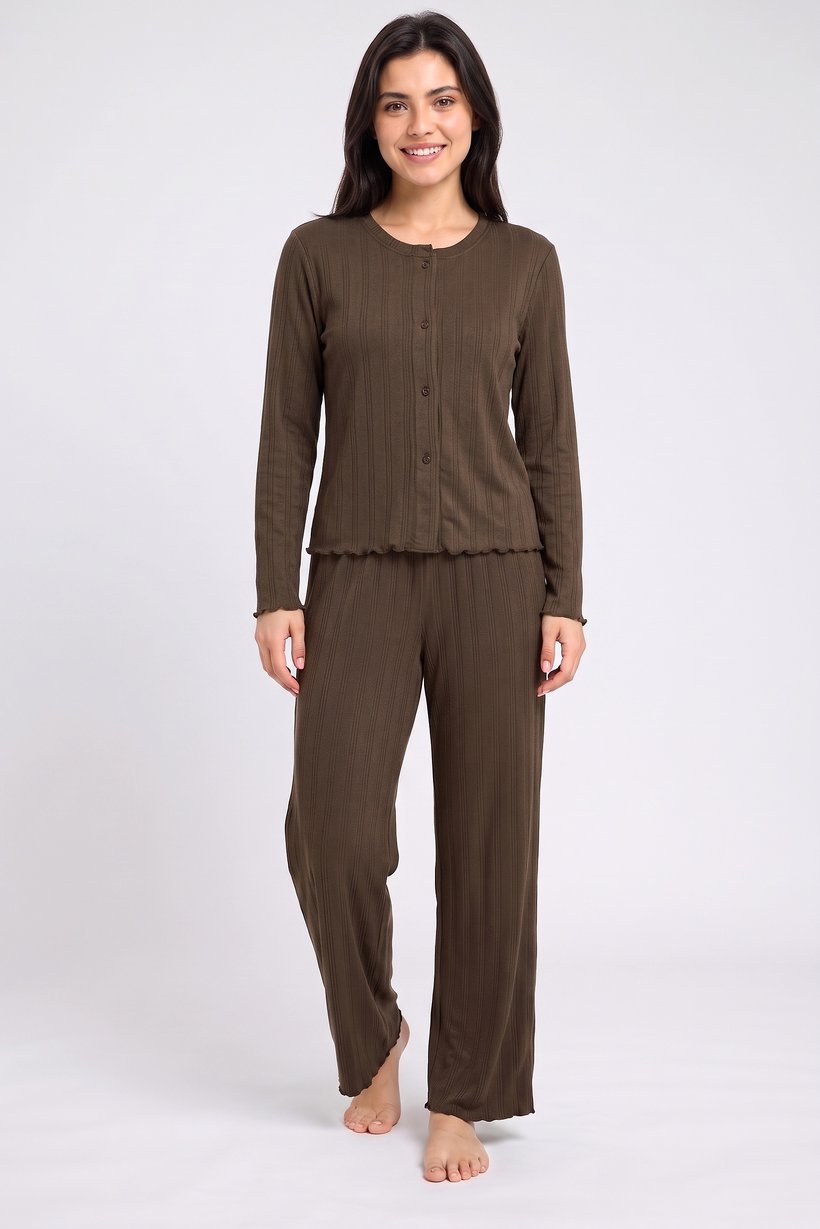 Women 2 Pieces Long Sleeve Top And Bottom Pajama Set, Dark Olive