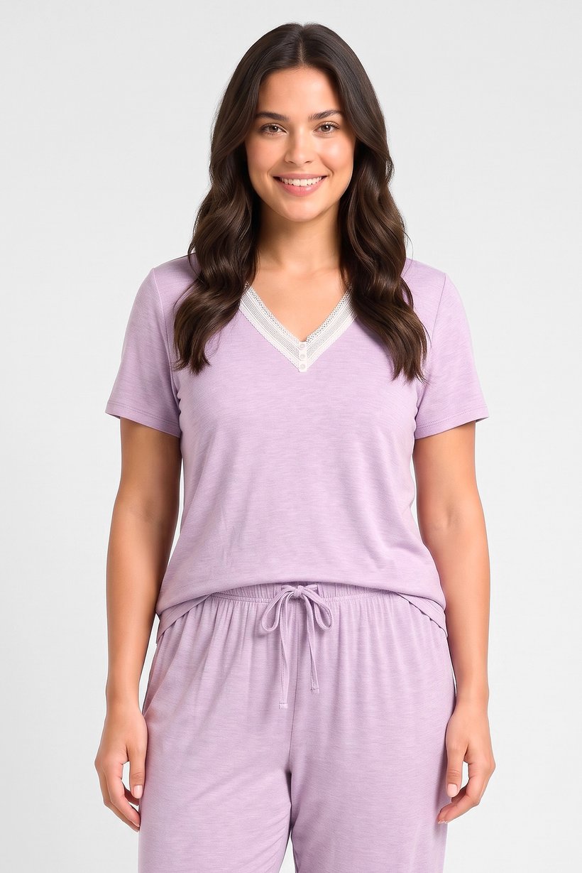 Women 2 Pcs Heather Short Sleeve T-Shirt And Pants Pyjama Set, Light Purple