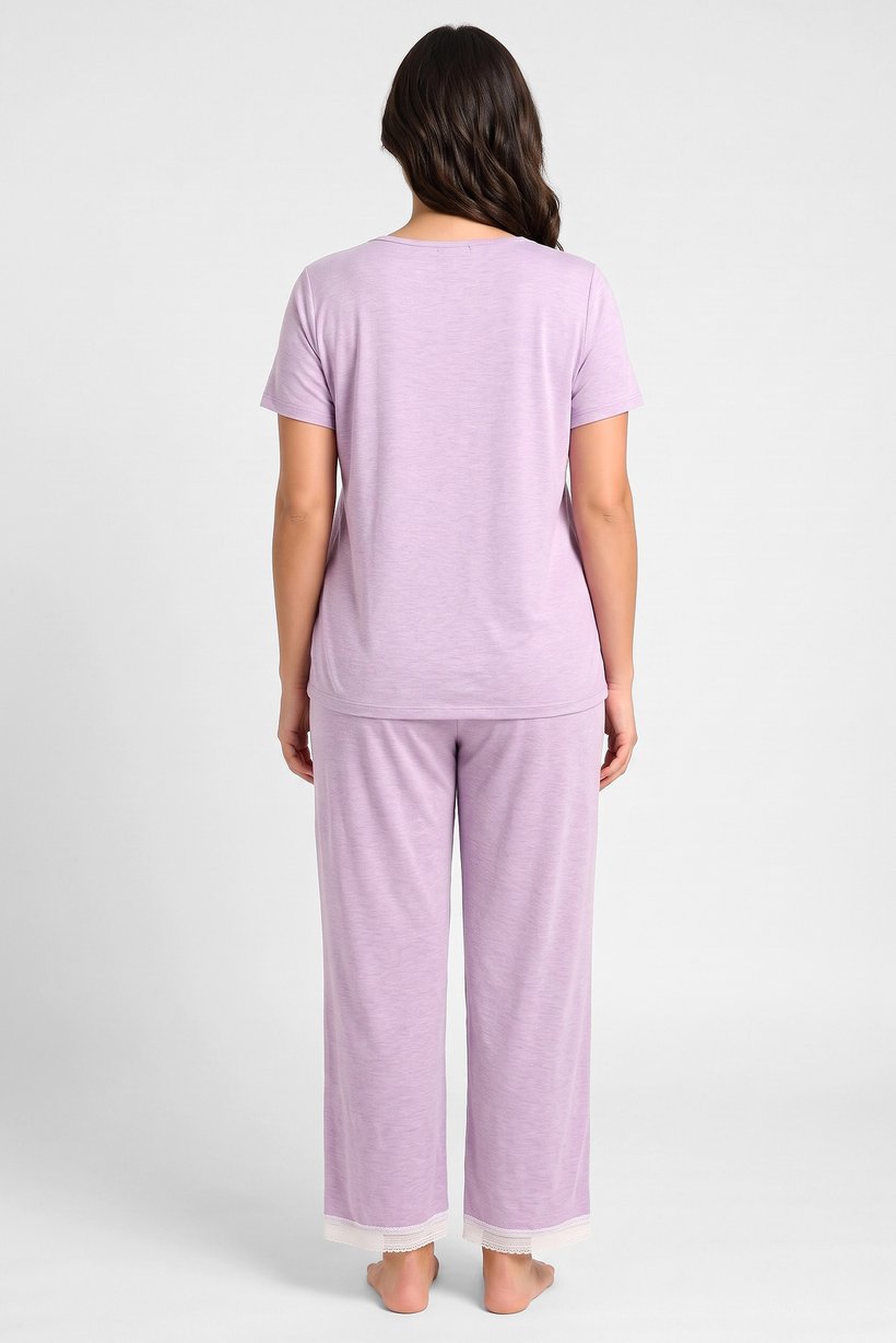 Women 2 Pcs Heather Short Sleeve T-Shirt And Pants Pyjama Set, Light Purple