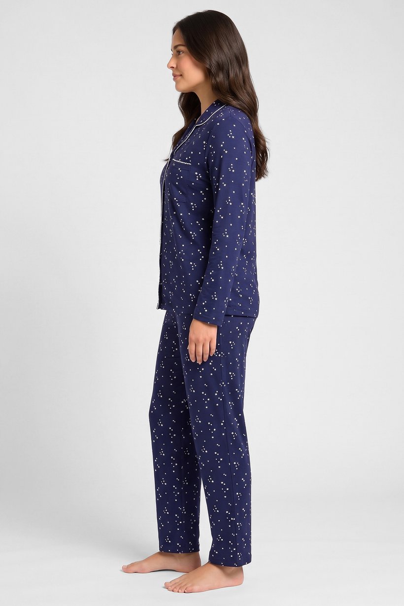 Women 2 Pieces Allover Print Long Sleeve Top And Bottom Pyjama Set, Navy