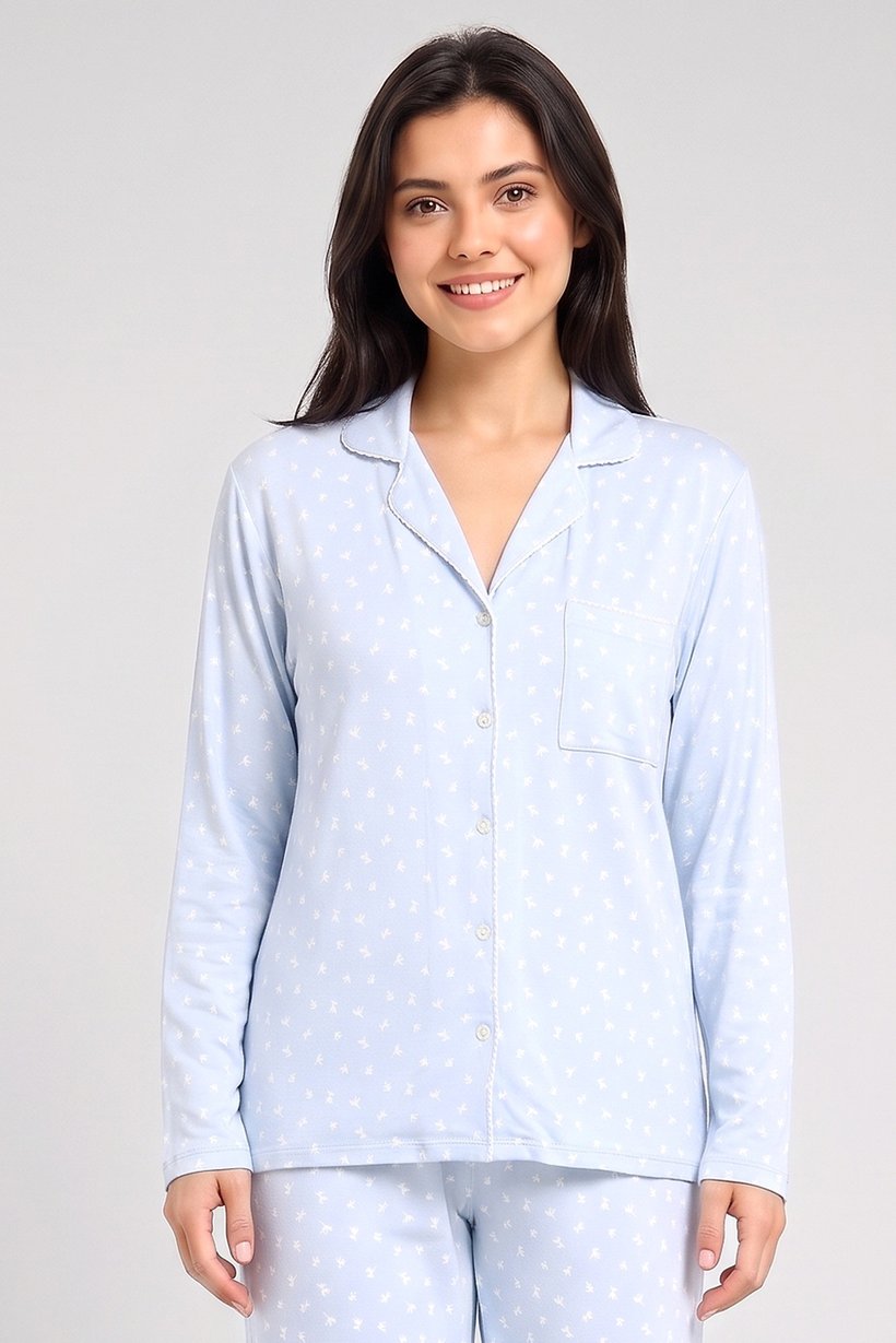 Women 2 Pieces Allover Print Long Sleeve Shirt With Pants Pyjama Set, Multicolor