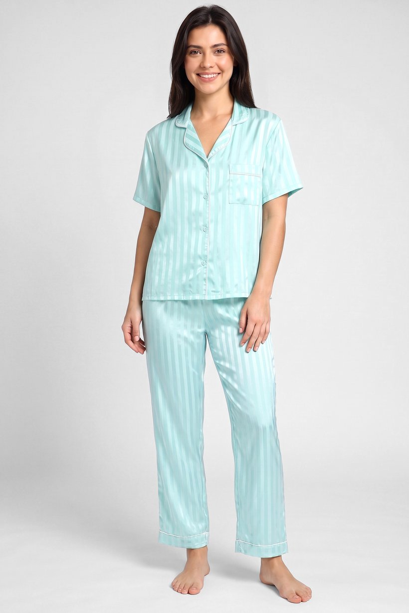 Women 2 Pcs Stripes Short Sleeve Top And Pants Pyjama Set, Mint