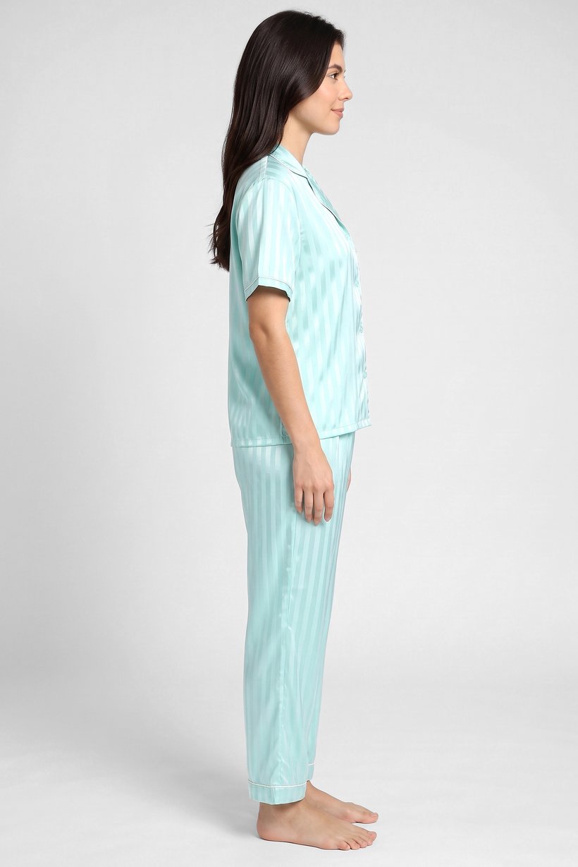 Women 2 Pcs Stripes Short Sleeve Top And Pants Pyjama Set, Mint