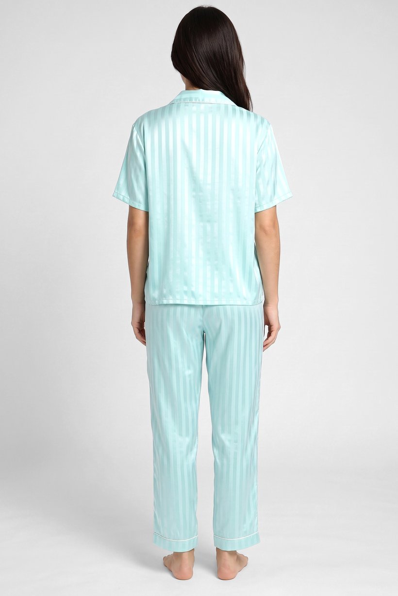 Women 2 Pcs Stripes Short Sleeve Top And Pants Pyjama Set, Mint