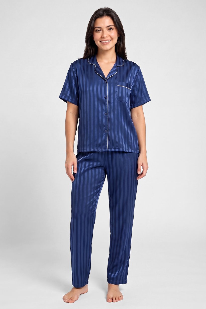 Women 2 Pieces Allover Print Short Sleeve Shirt With Pants Sleepwear Set, Multicolor