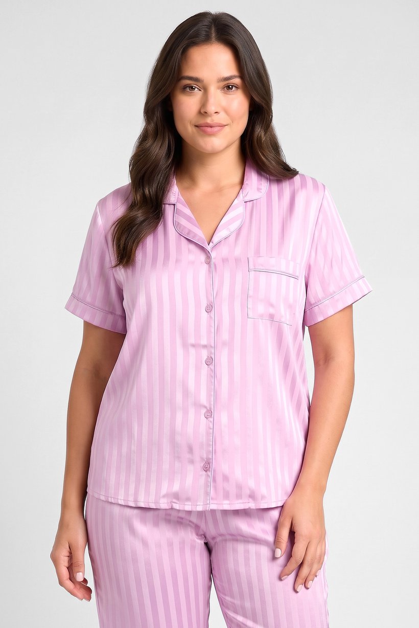 Women 2 Pcs Stripes Short Sleeve Top And Pants Pyjama Set, Light Purple
