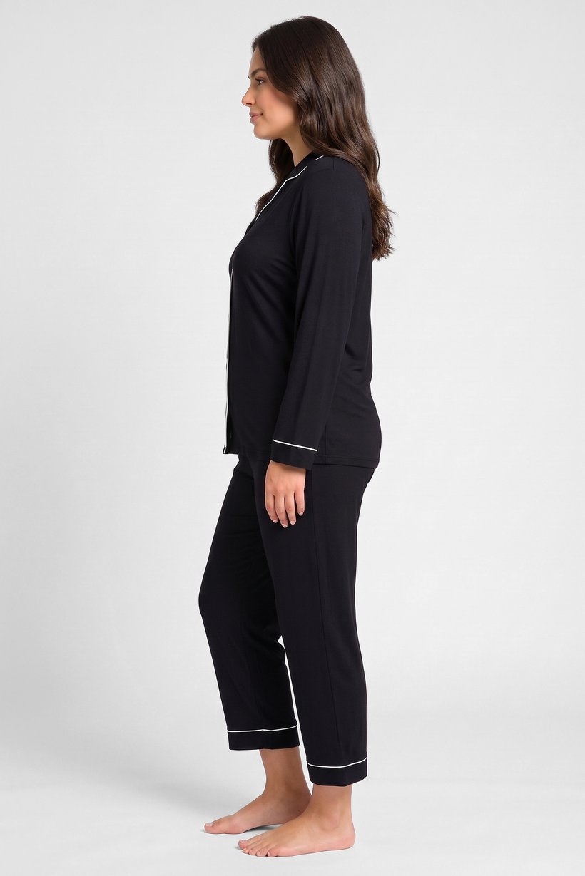 Women 2 Pcs Plain Long Sleeve Shirt And Pants Pyjama Set, Black