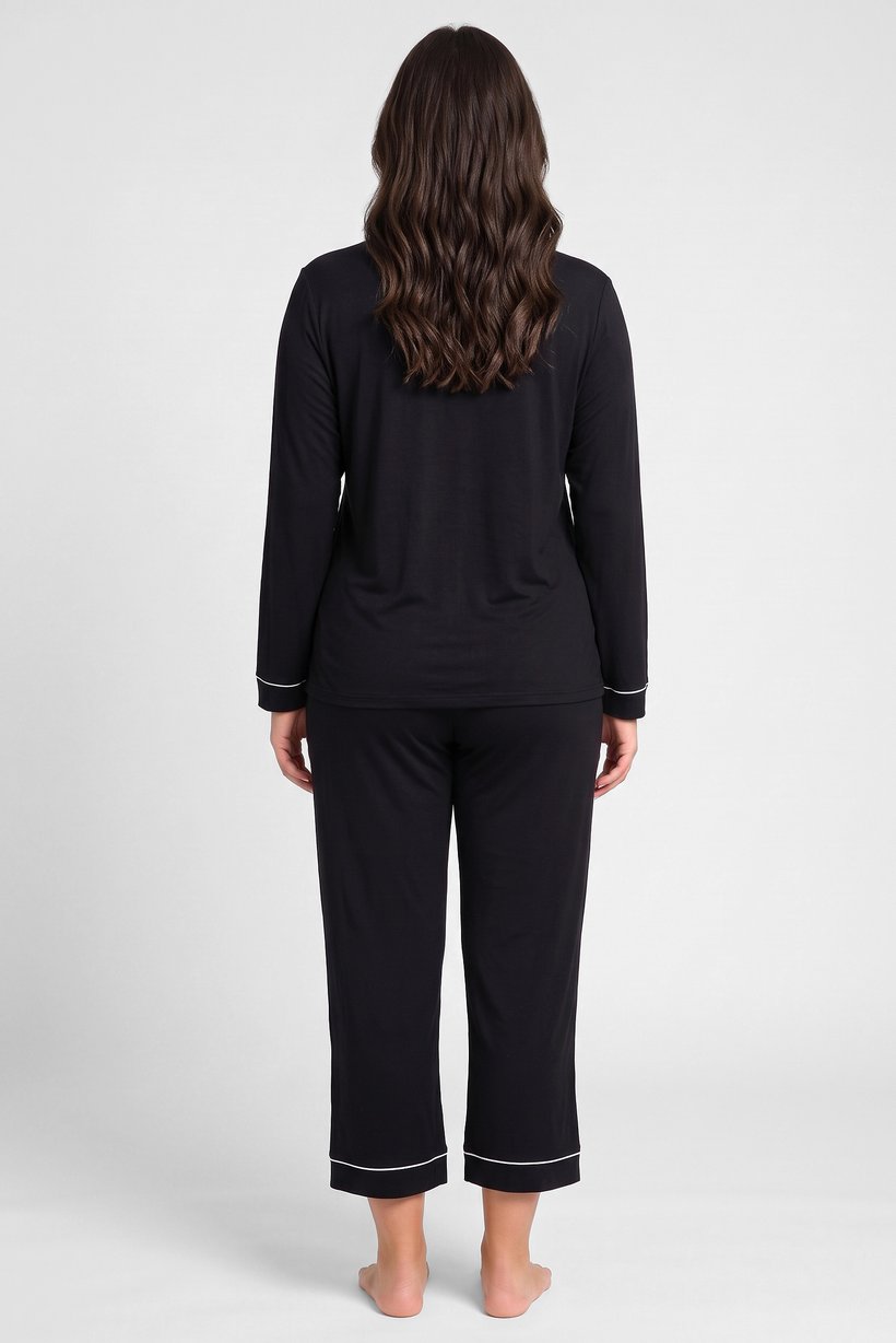 Women 2 Pcs Plain Long Sleeve Shirt And Pants Pyjama Set, Black