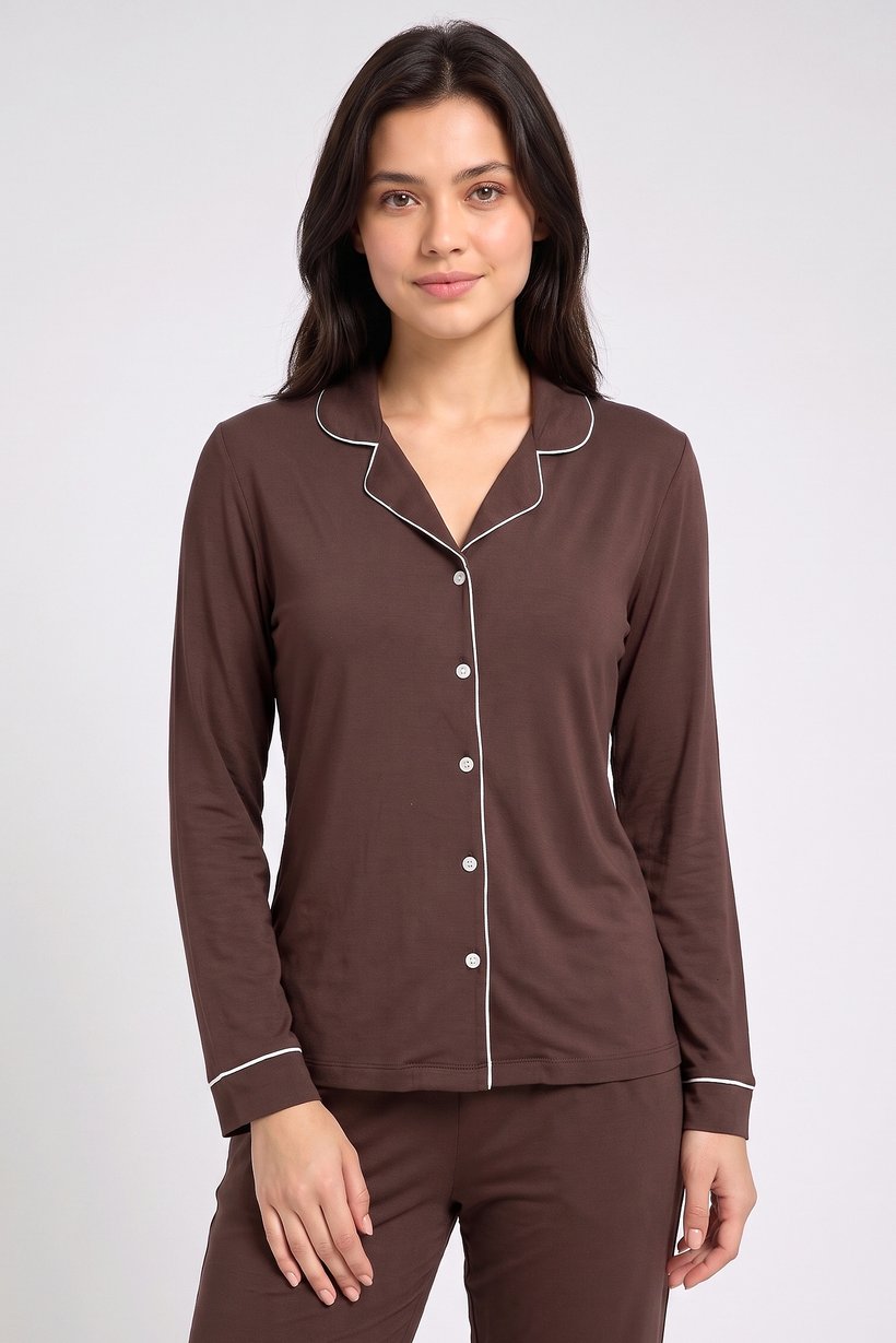 Women 2 Pcs Plain Long Sleeve Shirt And Pants Pyjama Set, Dark Brown