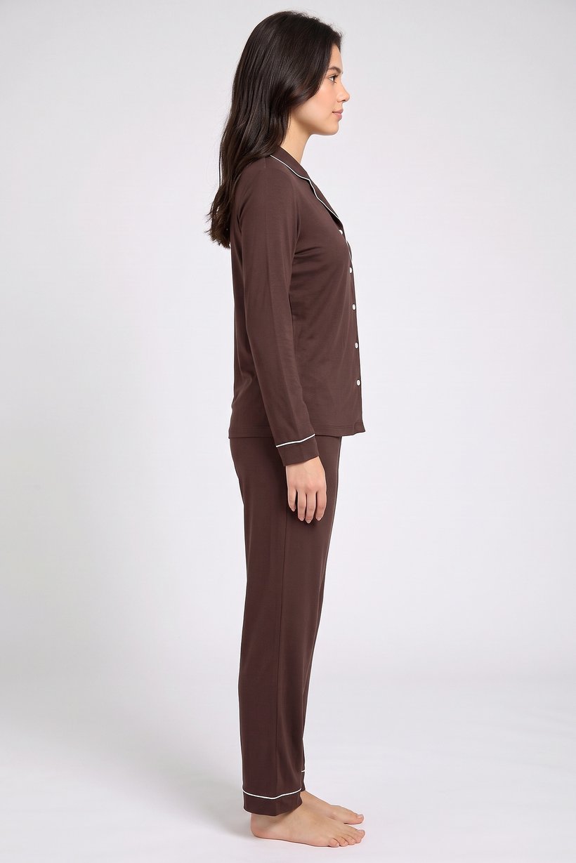 Women 2 Pcs Plain Long Sleeve Shirt And Pants Pyjama Set, Dark Brown