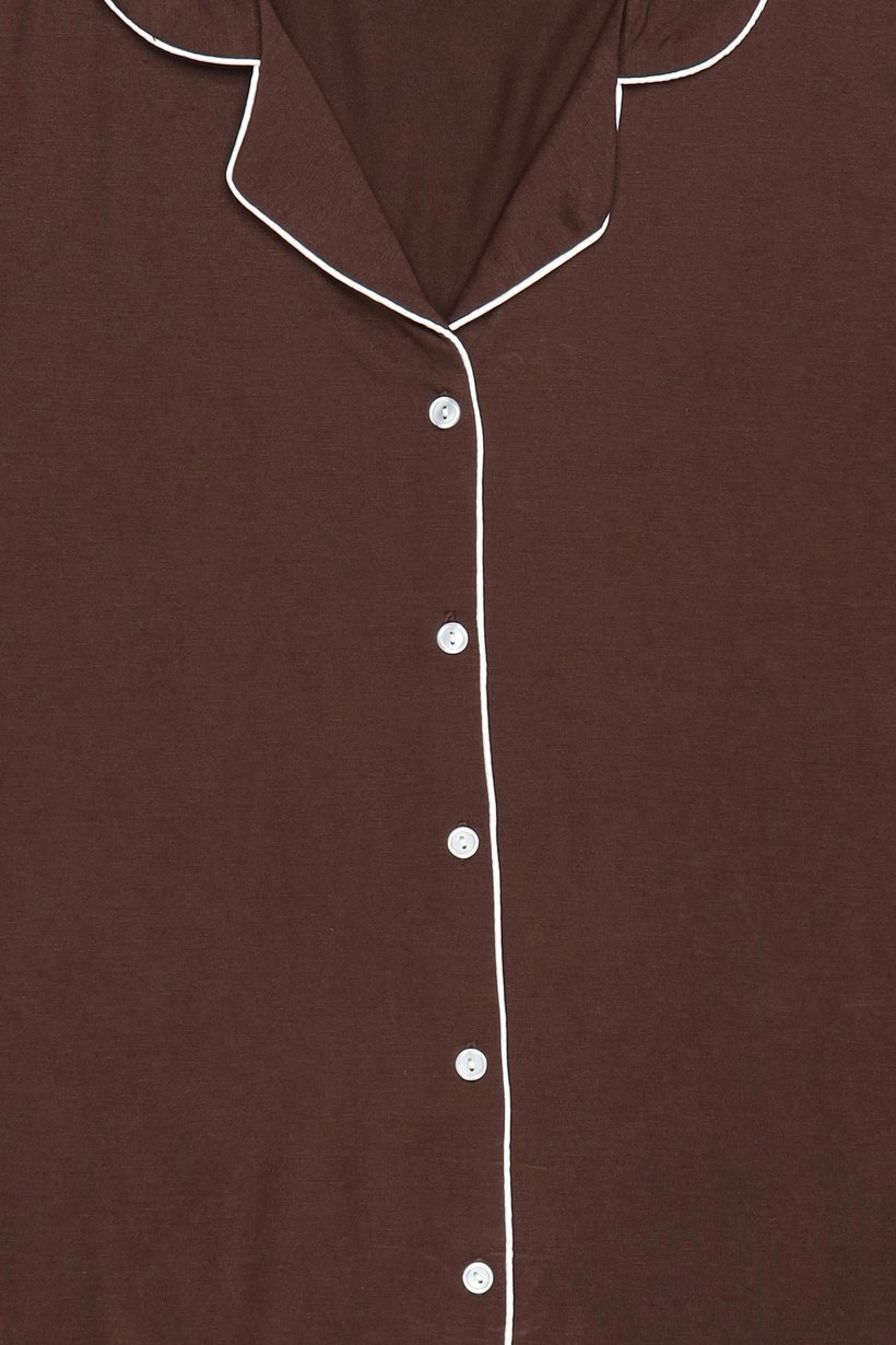 Women 2 Pcs Plain Long Sleeve Shirt And Pants Pyjama Set, Dark Brown