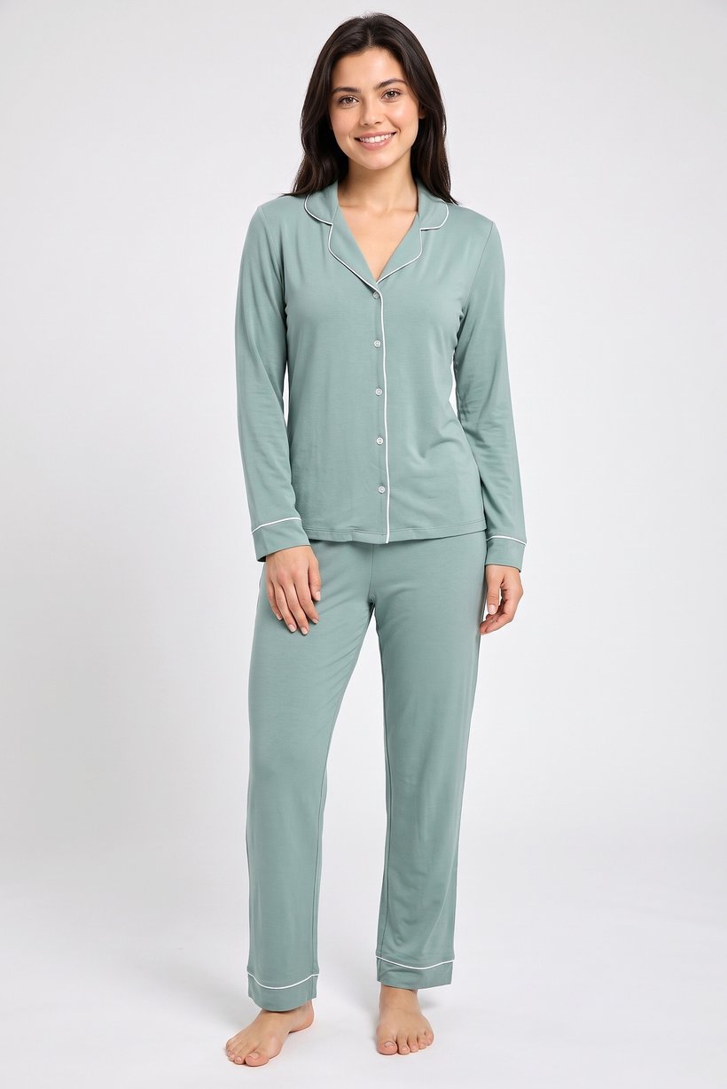 Women 2 Pcs Plain Long Sleeve Shirt And Pants Pyjama Set, Sage