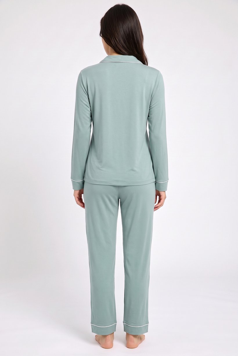 Women 2 Pcs Plain Long Sleeve Shirt And Pants Pyjama Set, Sage