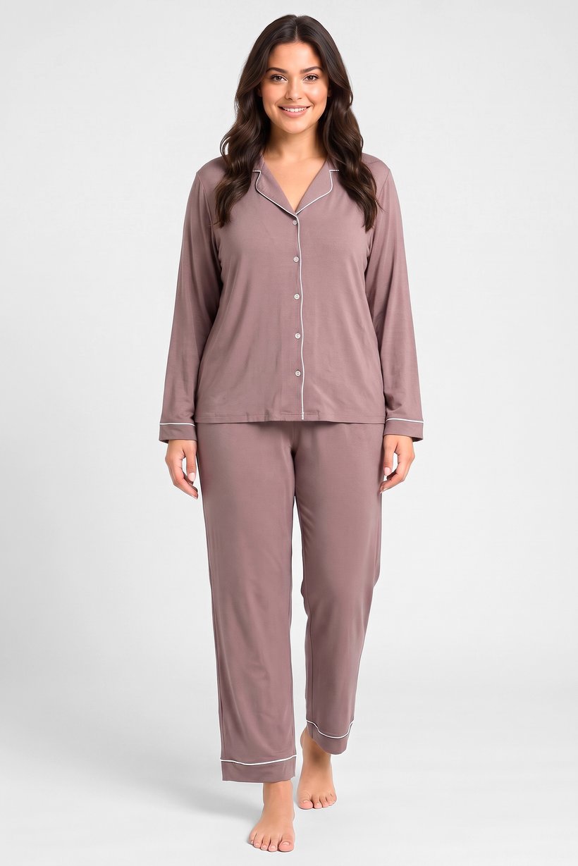 Women 2 Pcs Plain Long Sleeve Shirt And Bottom Pyjama Set, Mauve