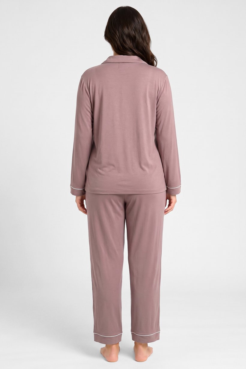 Women 2 Pcs Plain Long Sleeve Shirt And Bottom Pyjama Set, Mauve