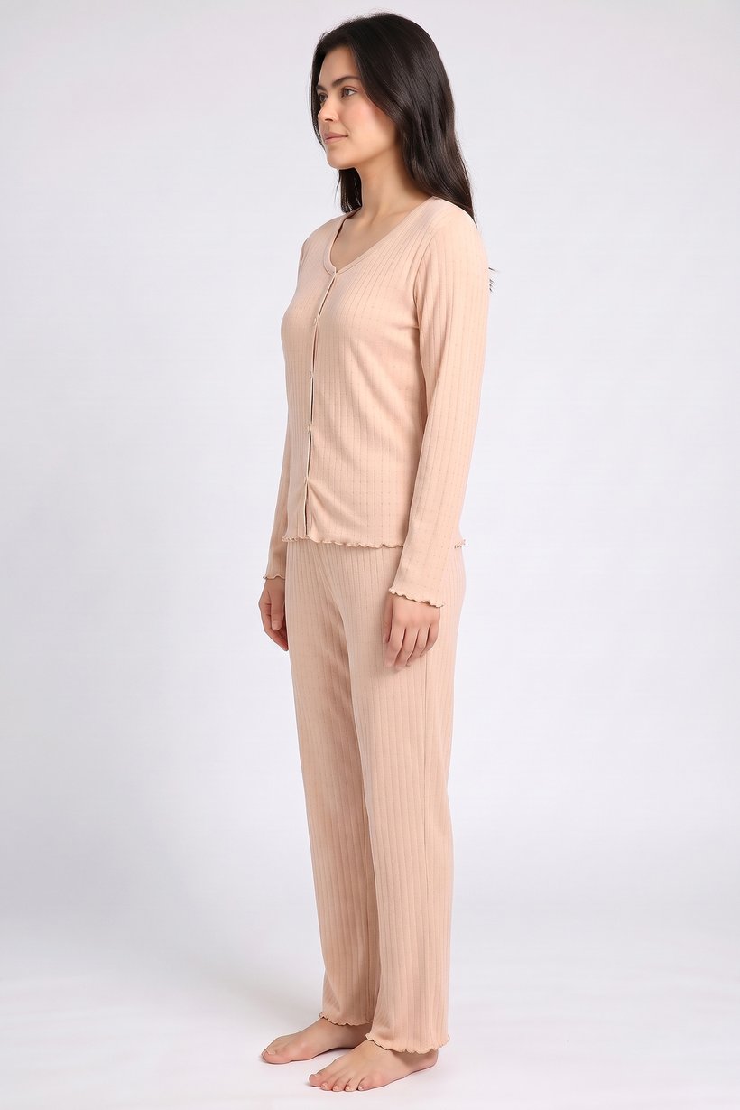 Women 2 Pieces Long Sleeve Top And Bottom Pajama Set, Dark Peach