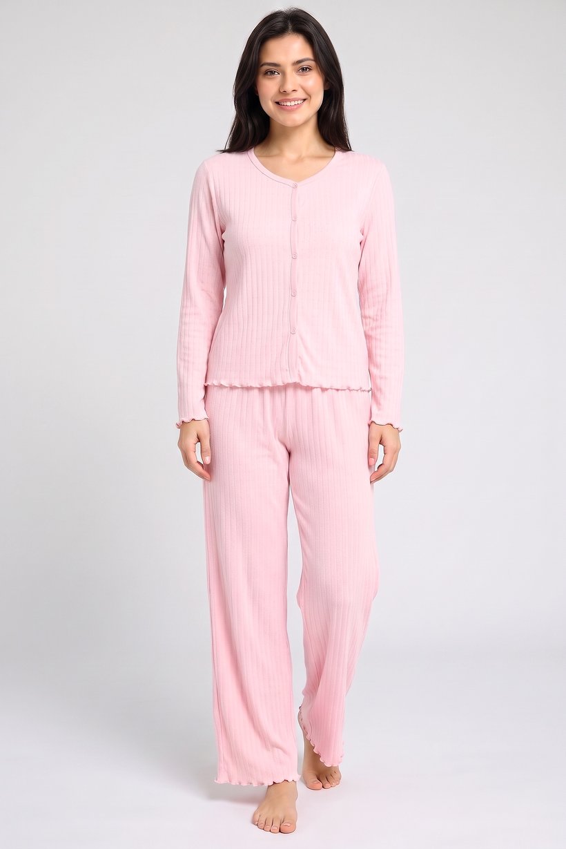 Women 2 Pieces Textured Long Sleeve Shirt With Pants Pyjama Set, Pink