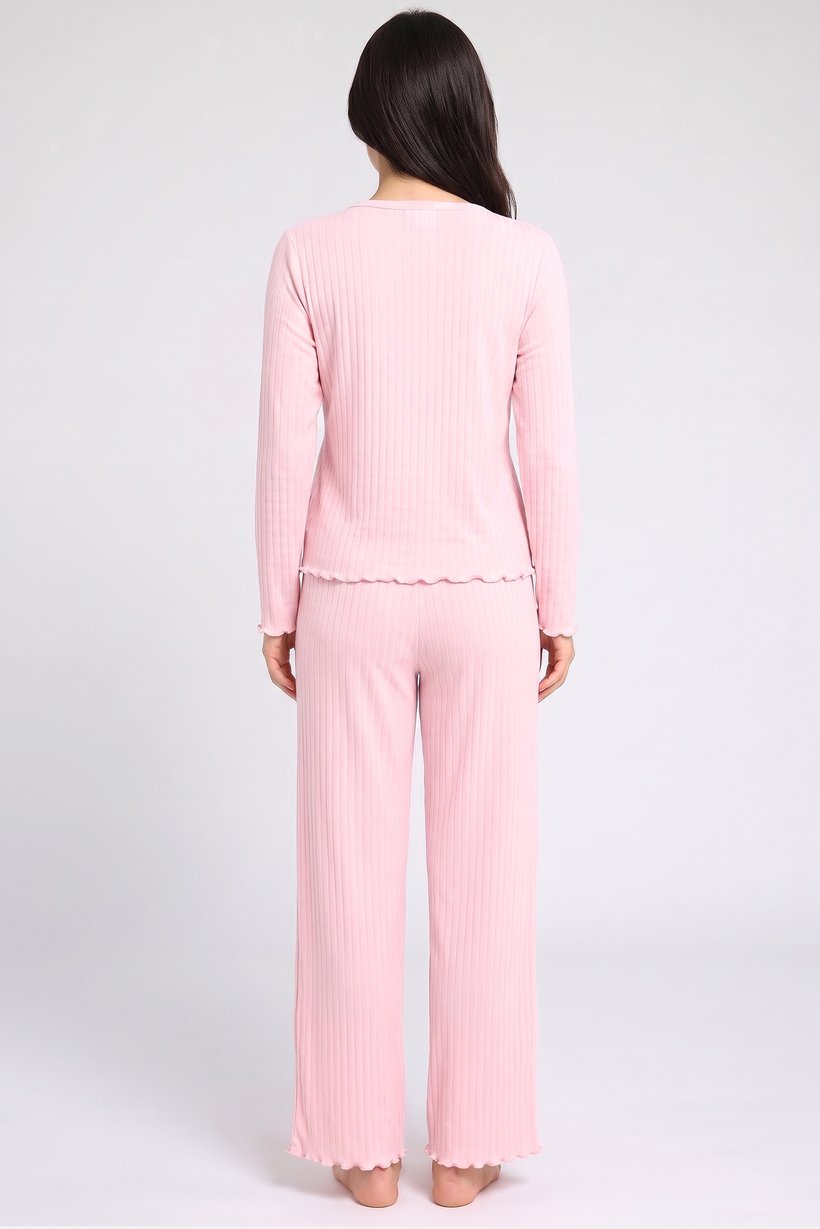 Women 2 Pieces Textured Long Sleeve Shirt With Pants Pyjama Set, Pink