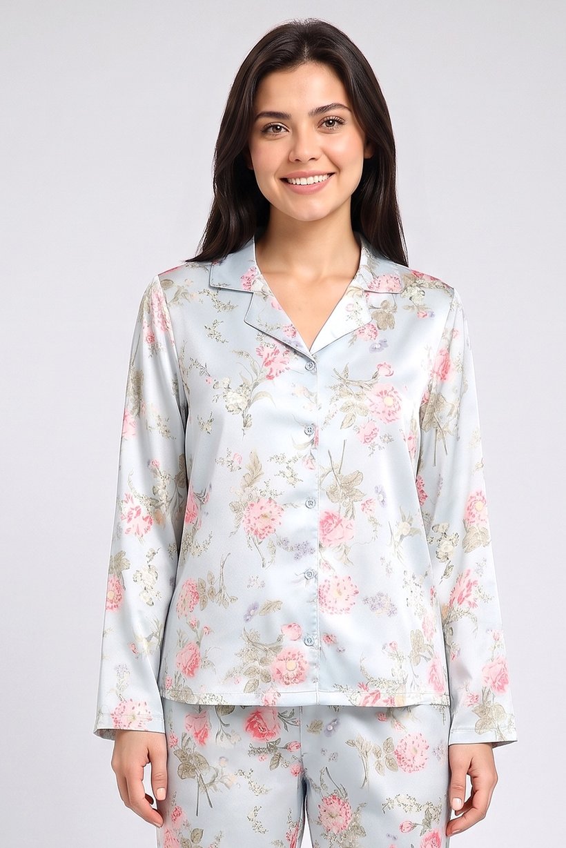 Women 2 Pcs Floral Print Long Sleeve Shirt And Bottom Pyjama Set, Multicolor