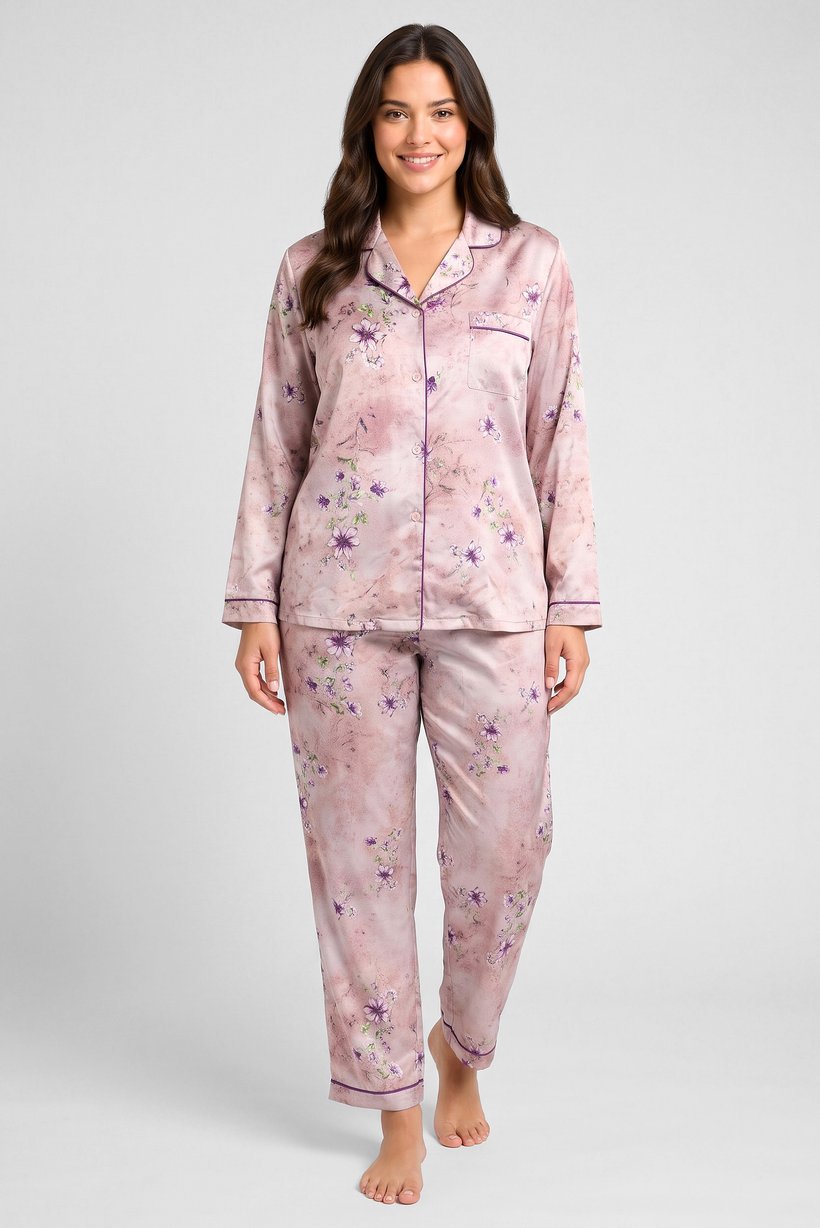 Women 2 Pieces Floral Print Long Sleeve Shirt And Pants Sleepwear Set, Multicolor