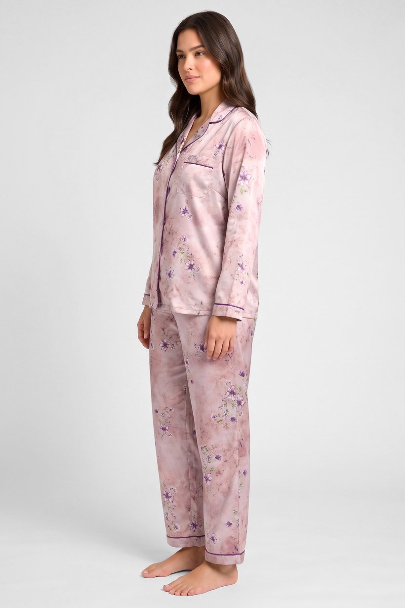 Women 2 Pieces Floral Print Long Sleeve Shirt And Pants Sleepwear Set, Multicolor