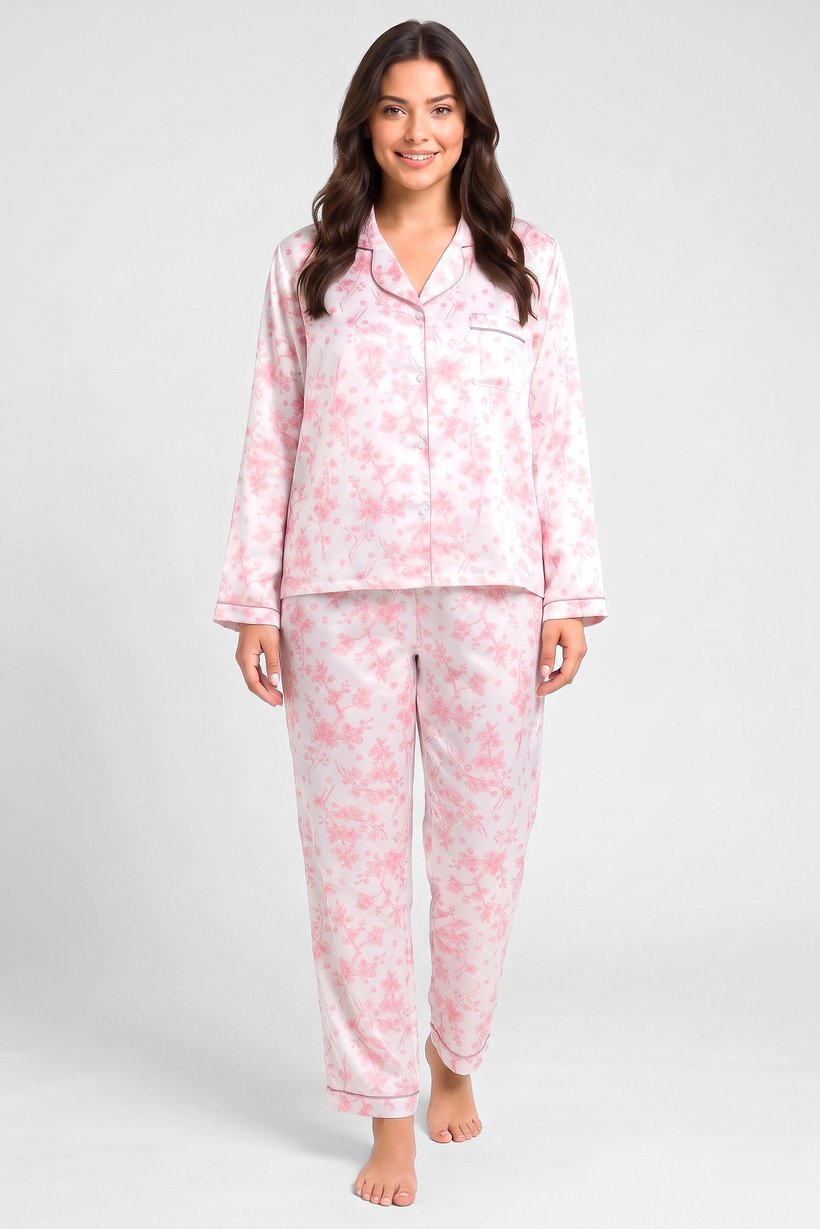 Women 2 Pieces Floral Print Long Sleeve Shirt With Pants Sleepwear Set, Pink
