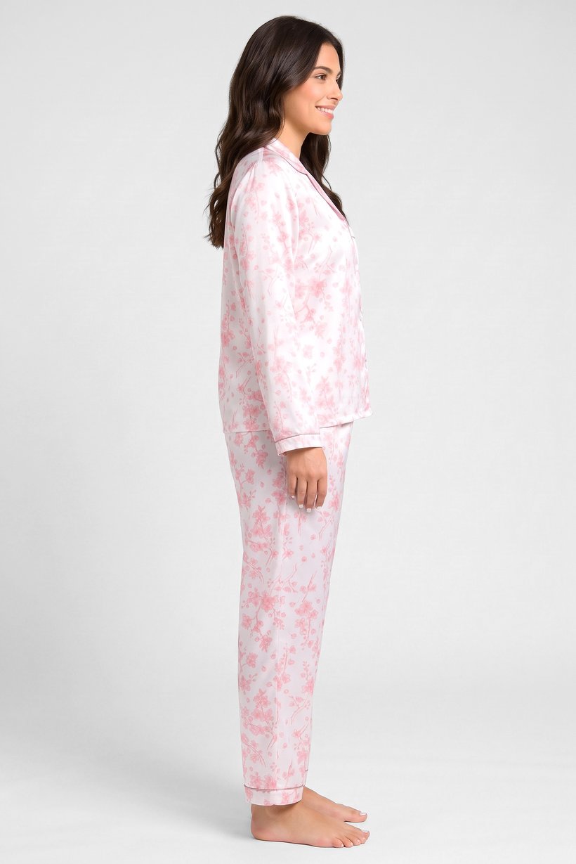 Women 2 Pieces Floral Print Long Sleeve Shirt With Pants Sleepwear Set, Pink