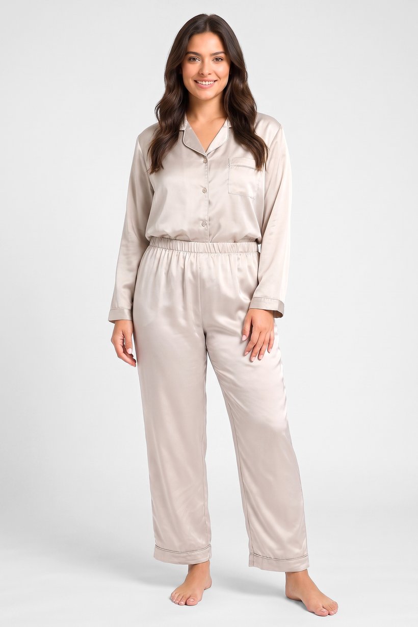 Women 2 Pcs Plain Long Sleeve Shirt And Pants Pyjama Set, Grey