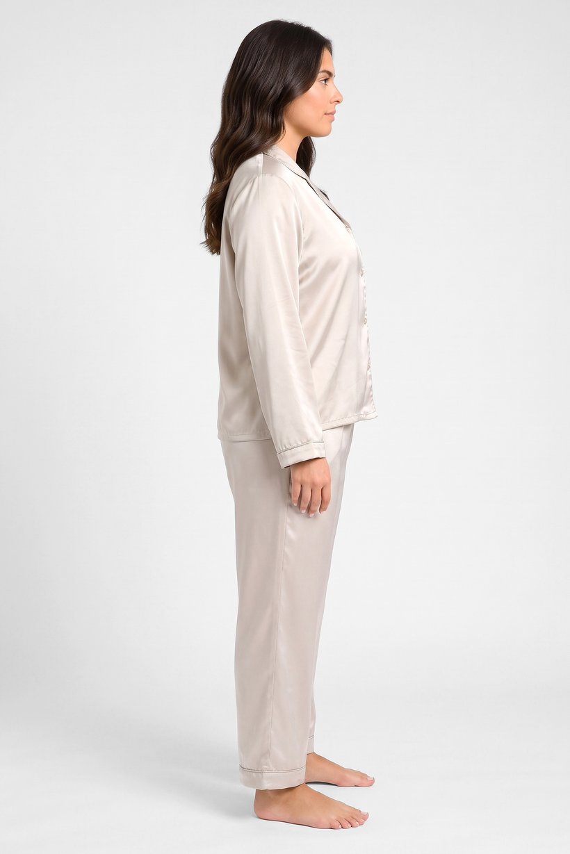 Women 2 Pcs Plain Long Sleeve Shirt And Pants Pyjama Set, Grey