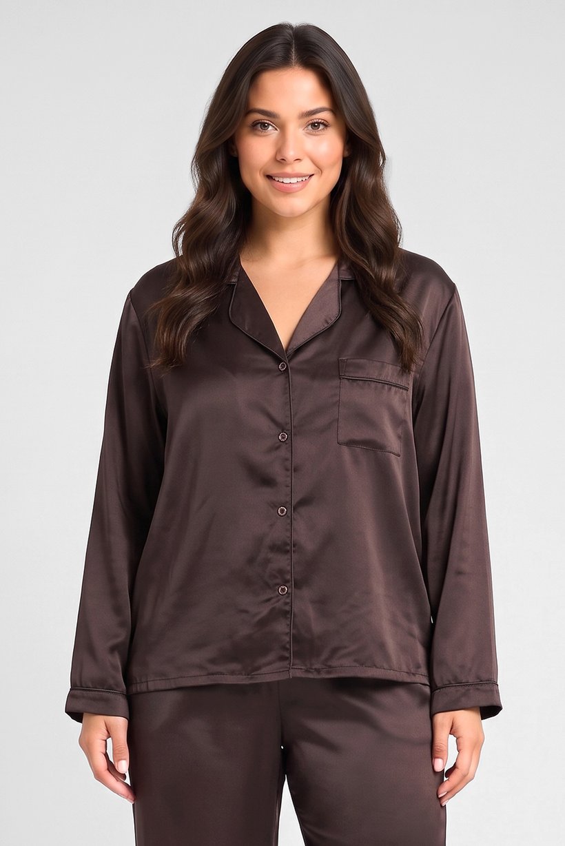 Women 2 Pcs Plain Long Sleeve Shirt And Pants Pyjama Set, Dark Brown