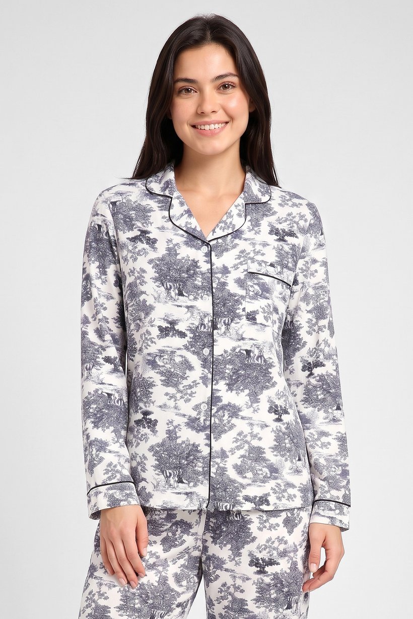 Women 2 Pieces Allover Print Long Sleeve Shirt And Pants Pyjama Set, Multicolor