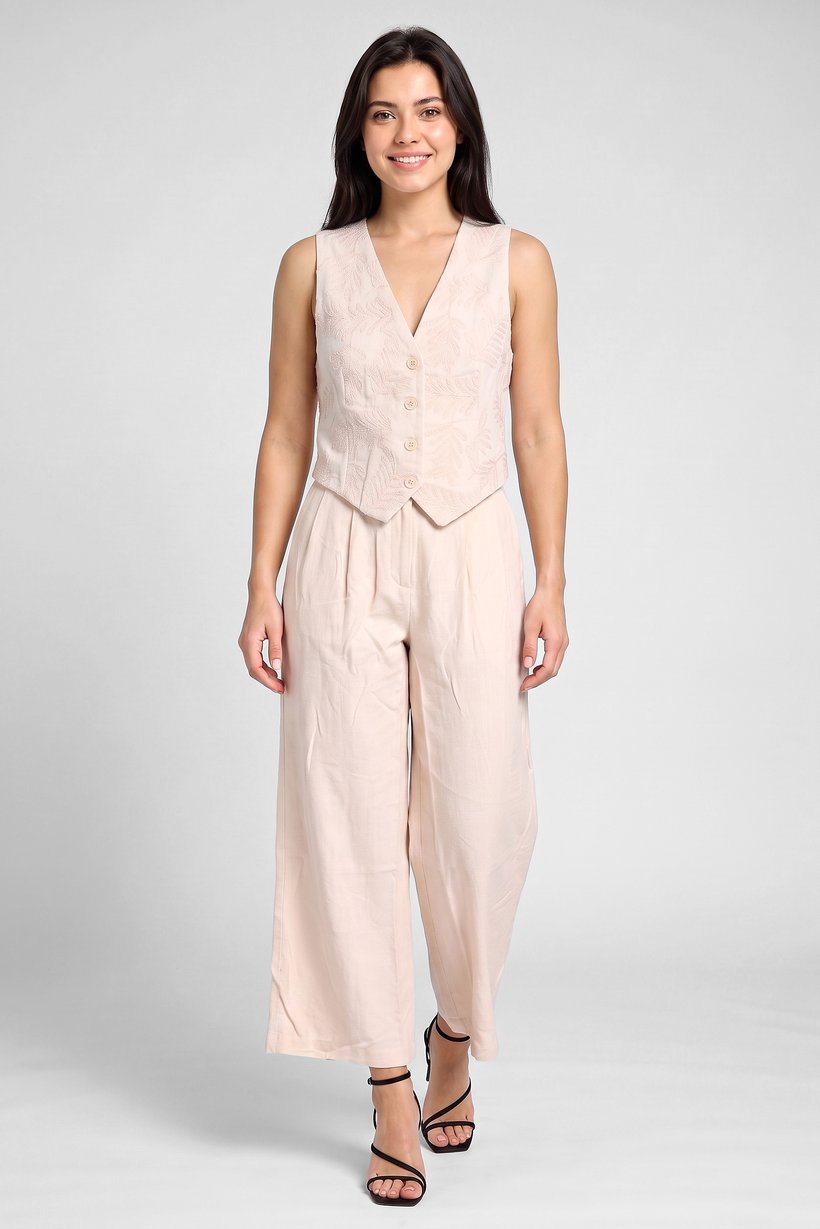Women 2 Pcs Embroidered Sleeveless Waistcoat And Pant Set, Beige