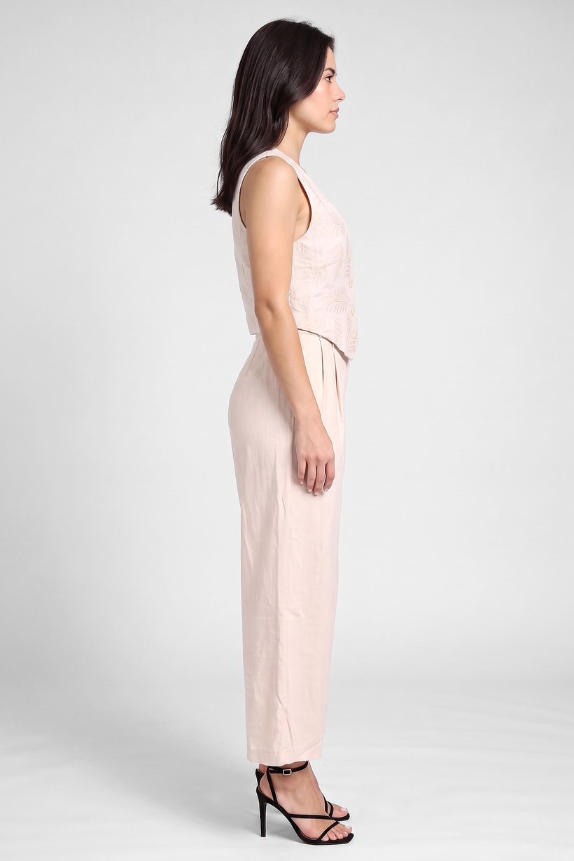 Women 2 Pcs Embroidered Sleeveless Waistcoat And Pant Set, Beige