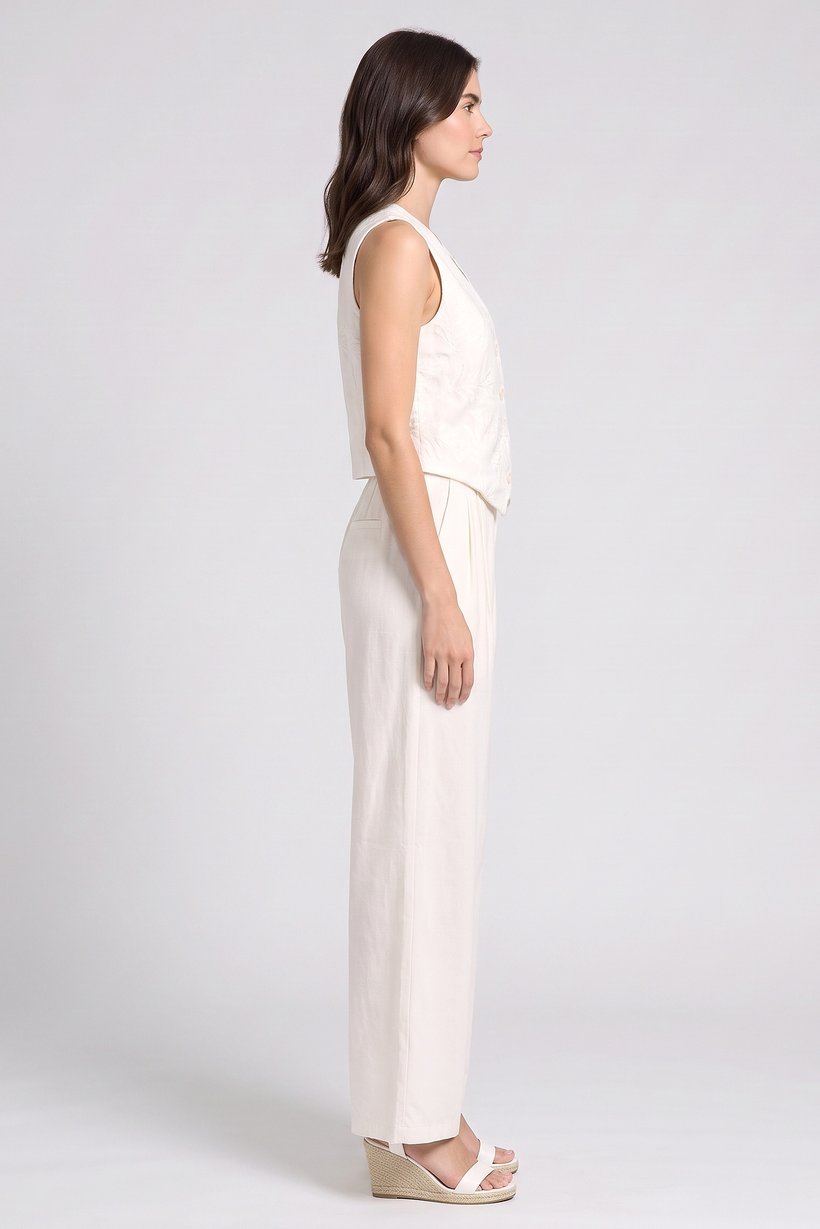 Women 2 Pcs Embroidered Sleeveless Waistcoat And Pant Set, Beige