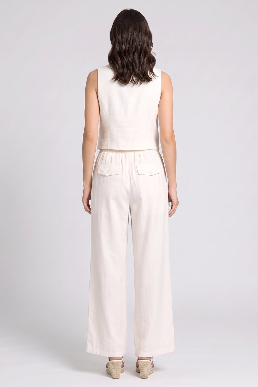 Women 2 Pcs Embroidered Sleeveless Waistcoat And Pant Set, Beige