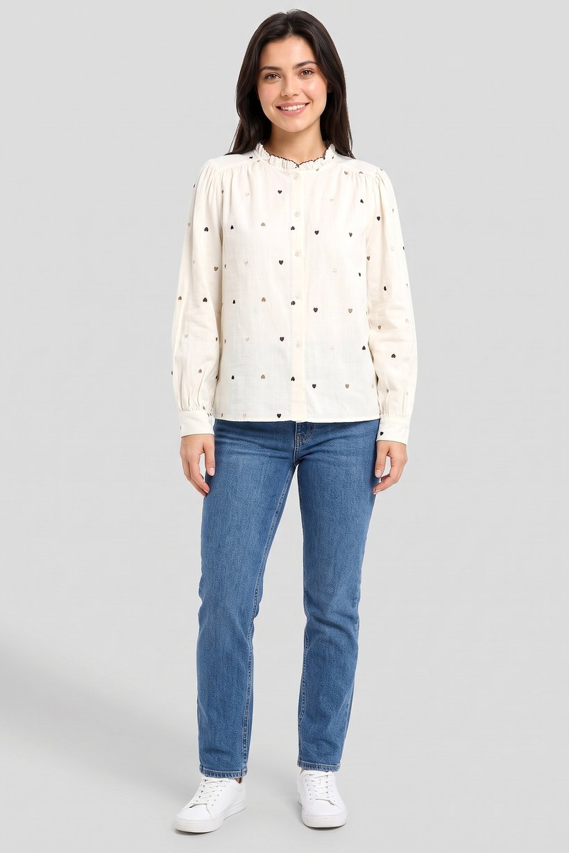 Women Ruffle Neck Long Sleeve Embroidered Shirt, Beige