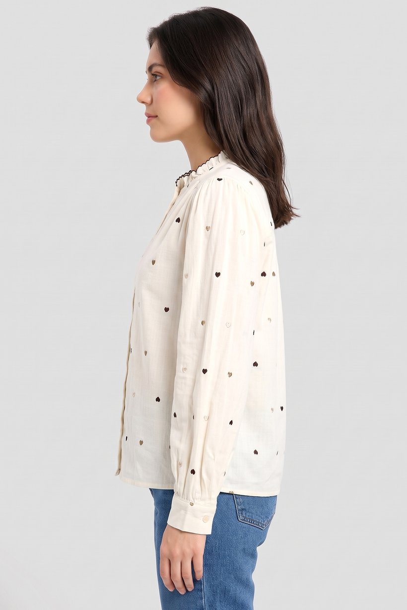 Women Ruffle Neck Long Sleeve Embroidered Shirt, Beige