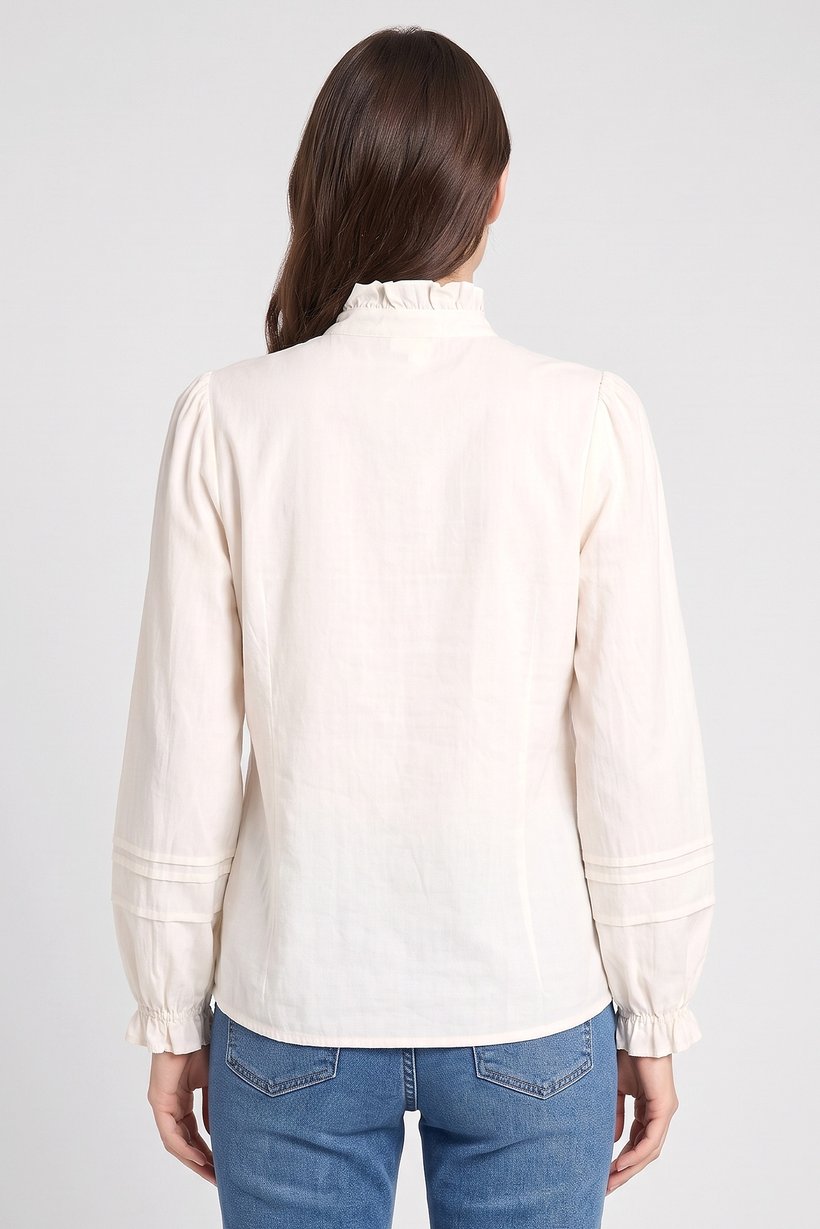 Women Ruffle Collar Long Sleeves Embroidered Blouse, Off White