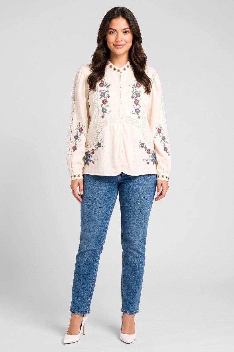 Women Mandarin Collar Long Sleeve Embroidered Blouse, Multicolor
