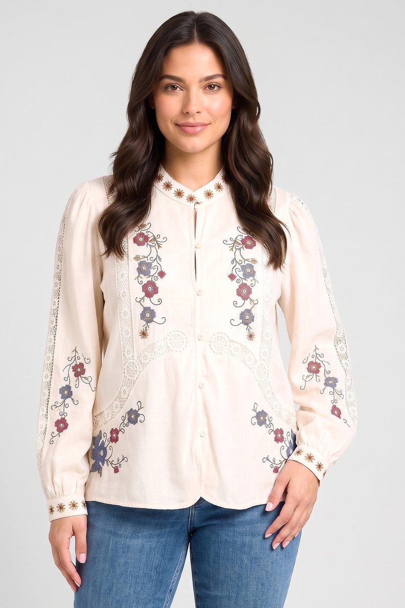 Women Mandarin Collar Long Sleeve Embroidered Blouse, Multicolor